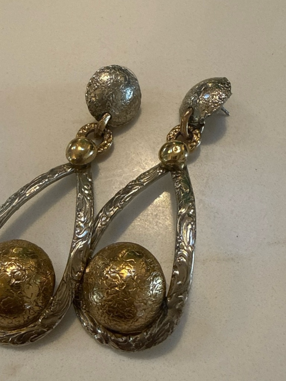 Gold and Silver Textured Drop Earrings
